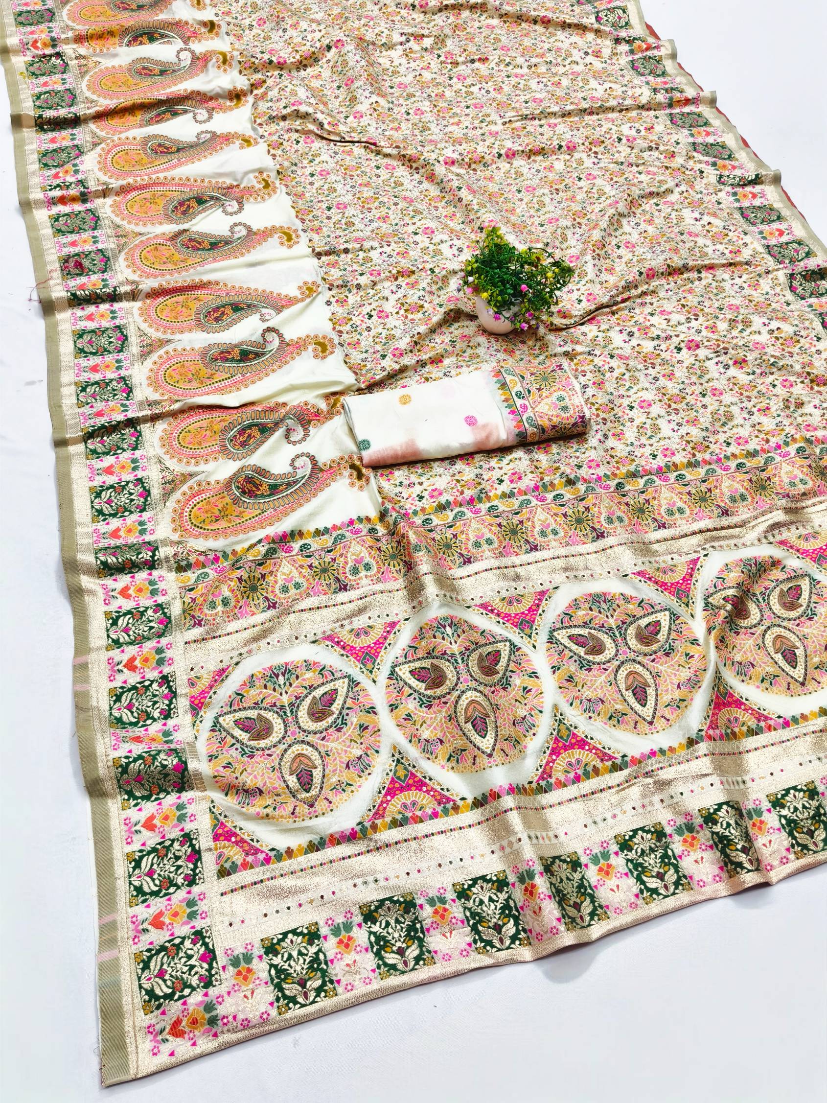 Woebegone Beige Nylon Dola Pashmina Saree With Gratifying Blouse Piece