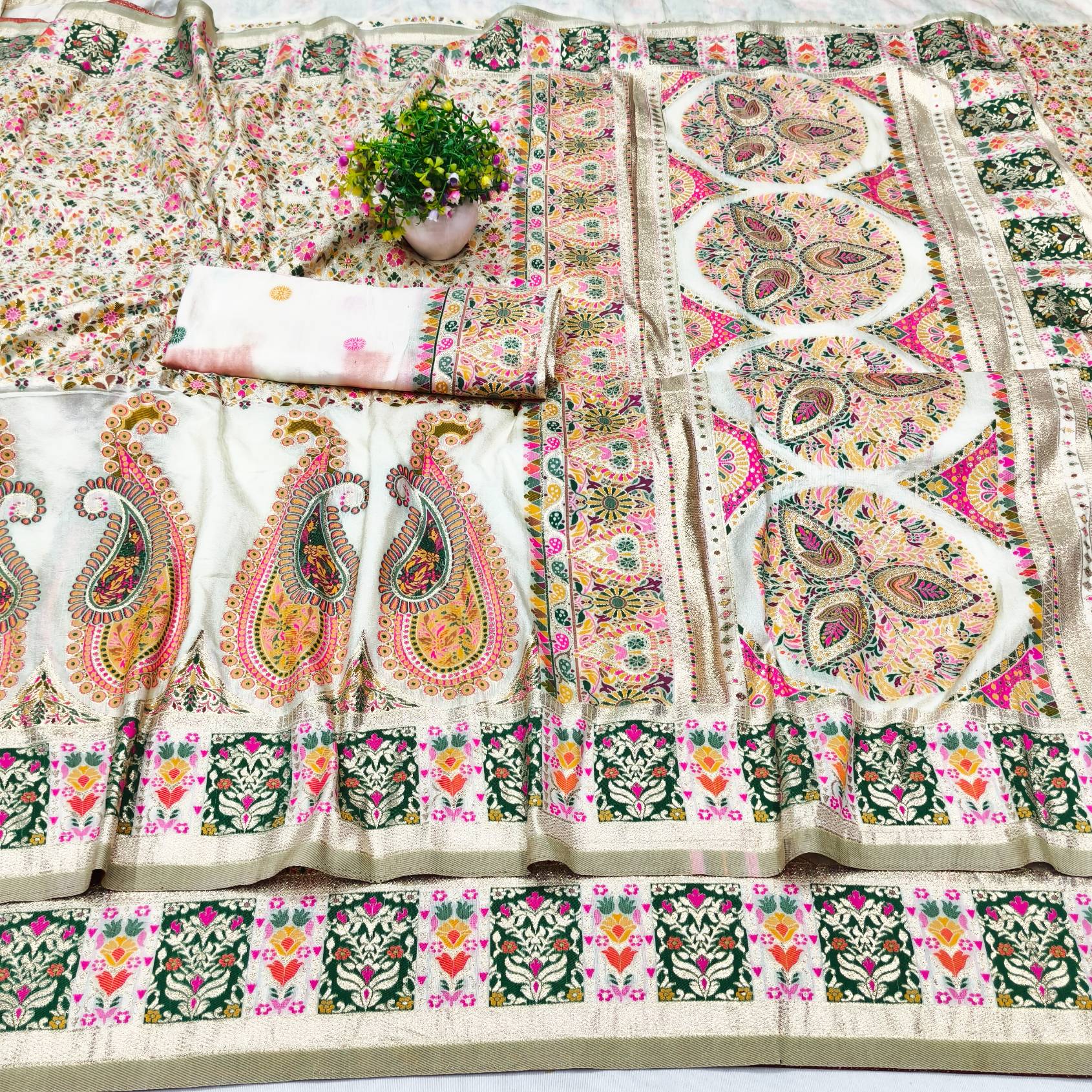 Woebegone Beige Nylon Dola Pashmina Saree With Gratifying Blouse Piece