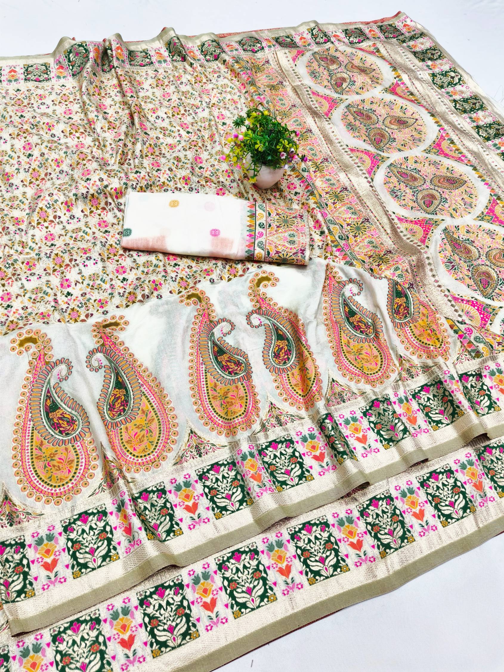 Woebegone Beige Nylon Dola Pashmina Saree With Gratifying Blouse Piece