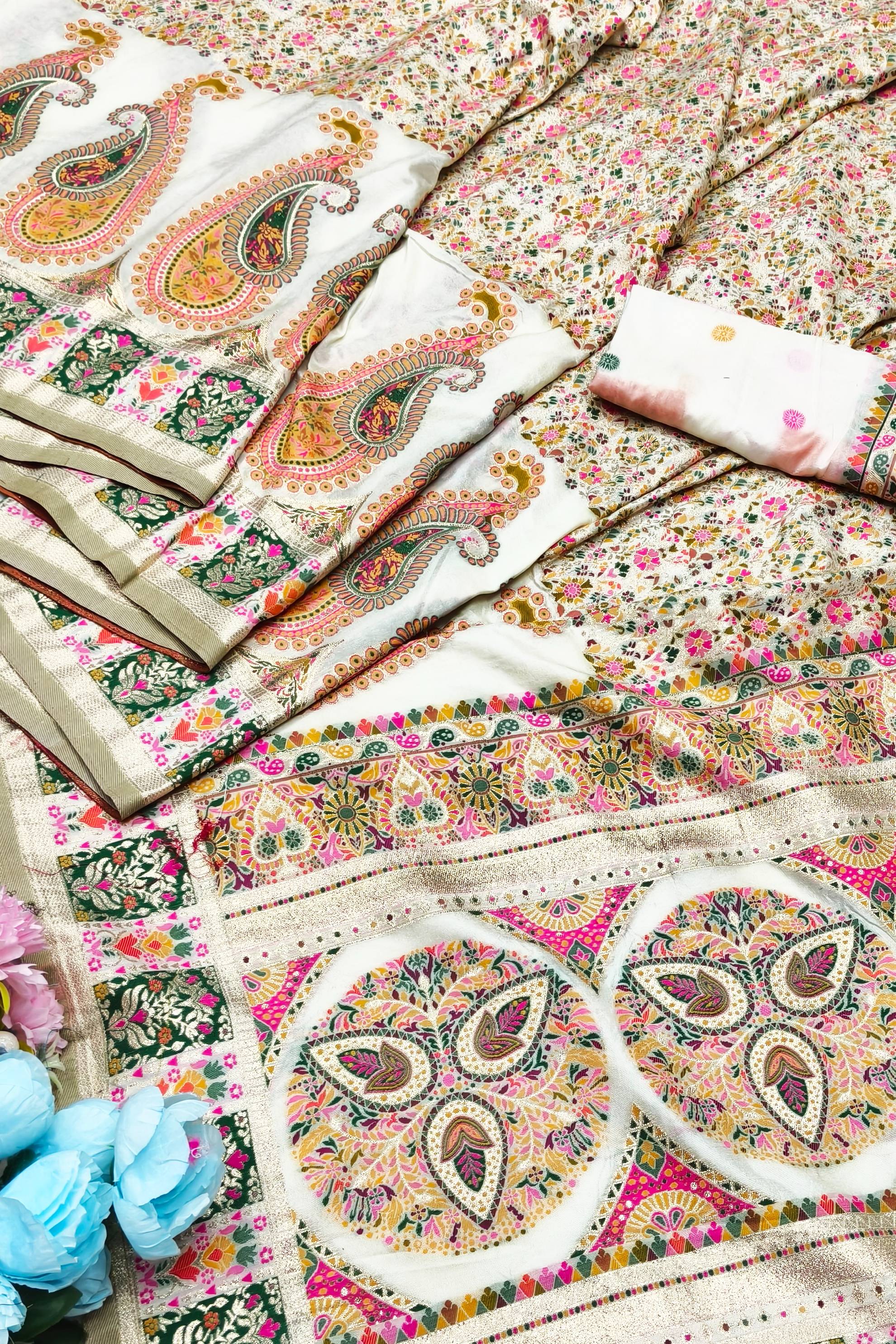 Woebegone Beige Nylon Dola Pashmina Saree With Gratifying Blouse Piece