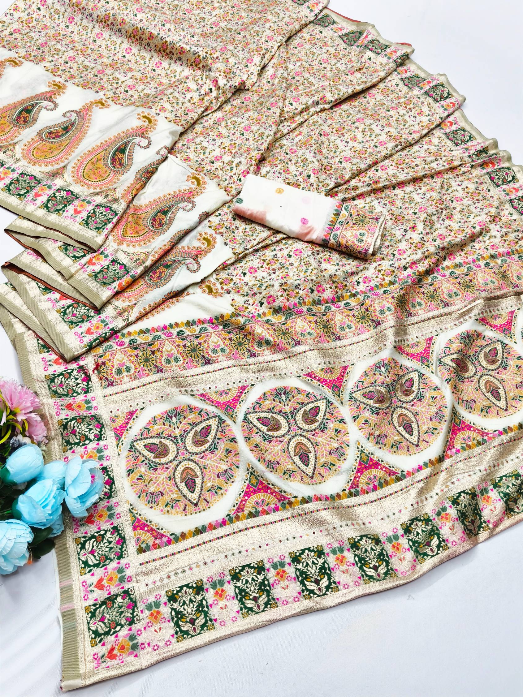 Woebegone Beige Nylon Dola Pashmina Saree With Gratifying Blouse Piece