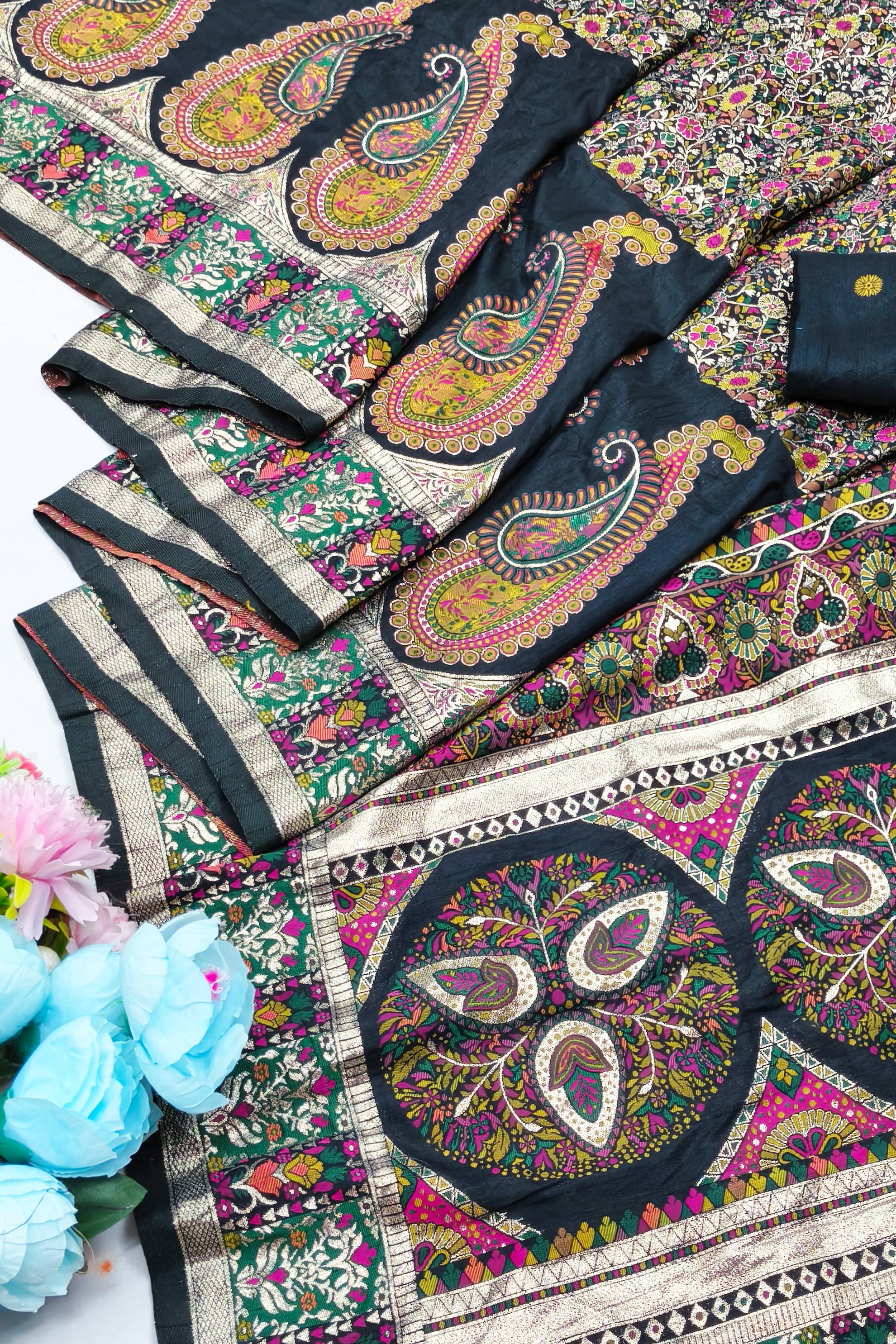 Inimitable Black Nylon Dola Pashmina Saree With Elegant Blouse Piece