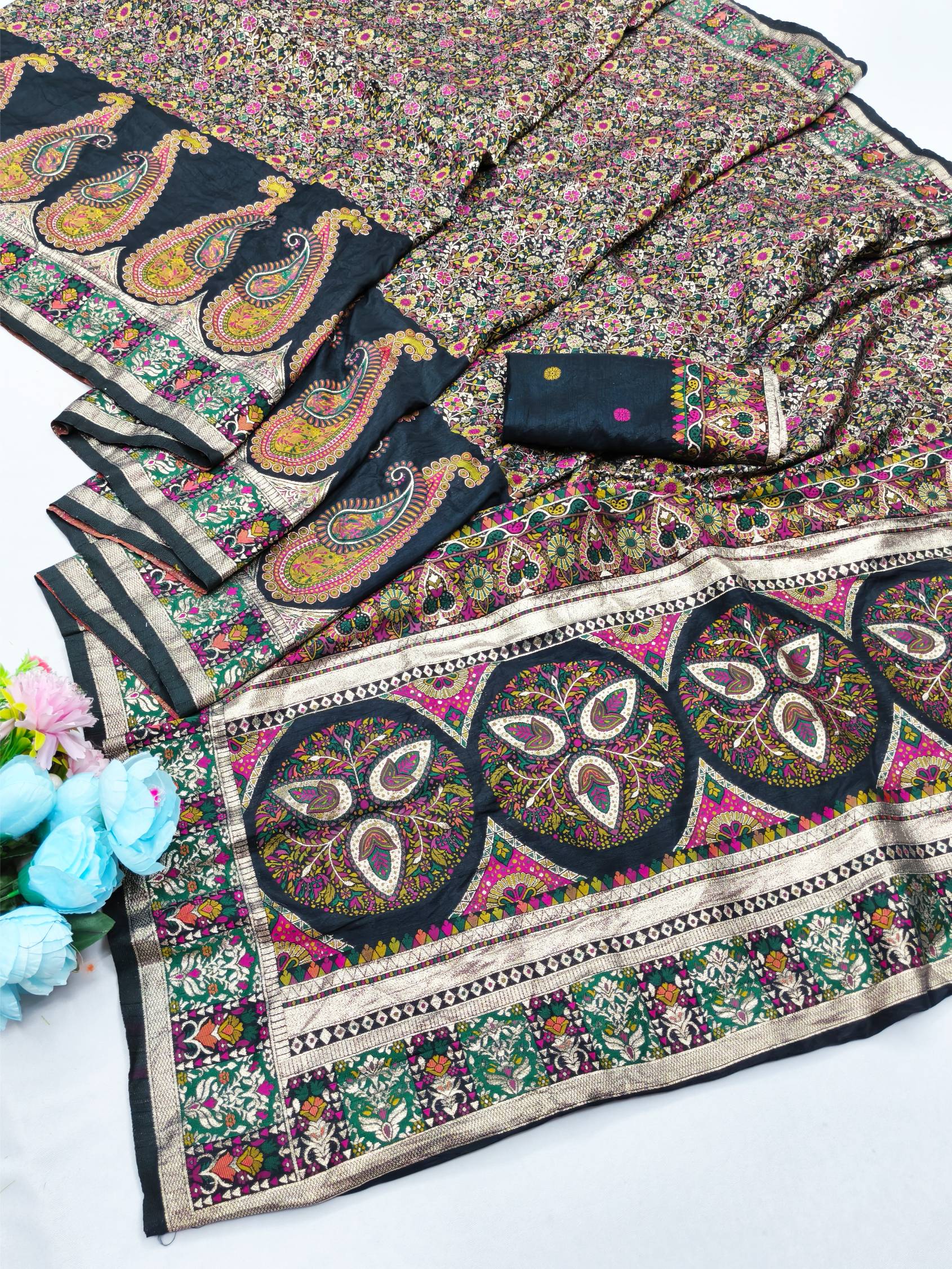 Inimitable Black Nylon Dola Pashmina Saree With Elegant Blouse Piece