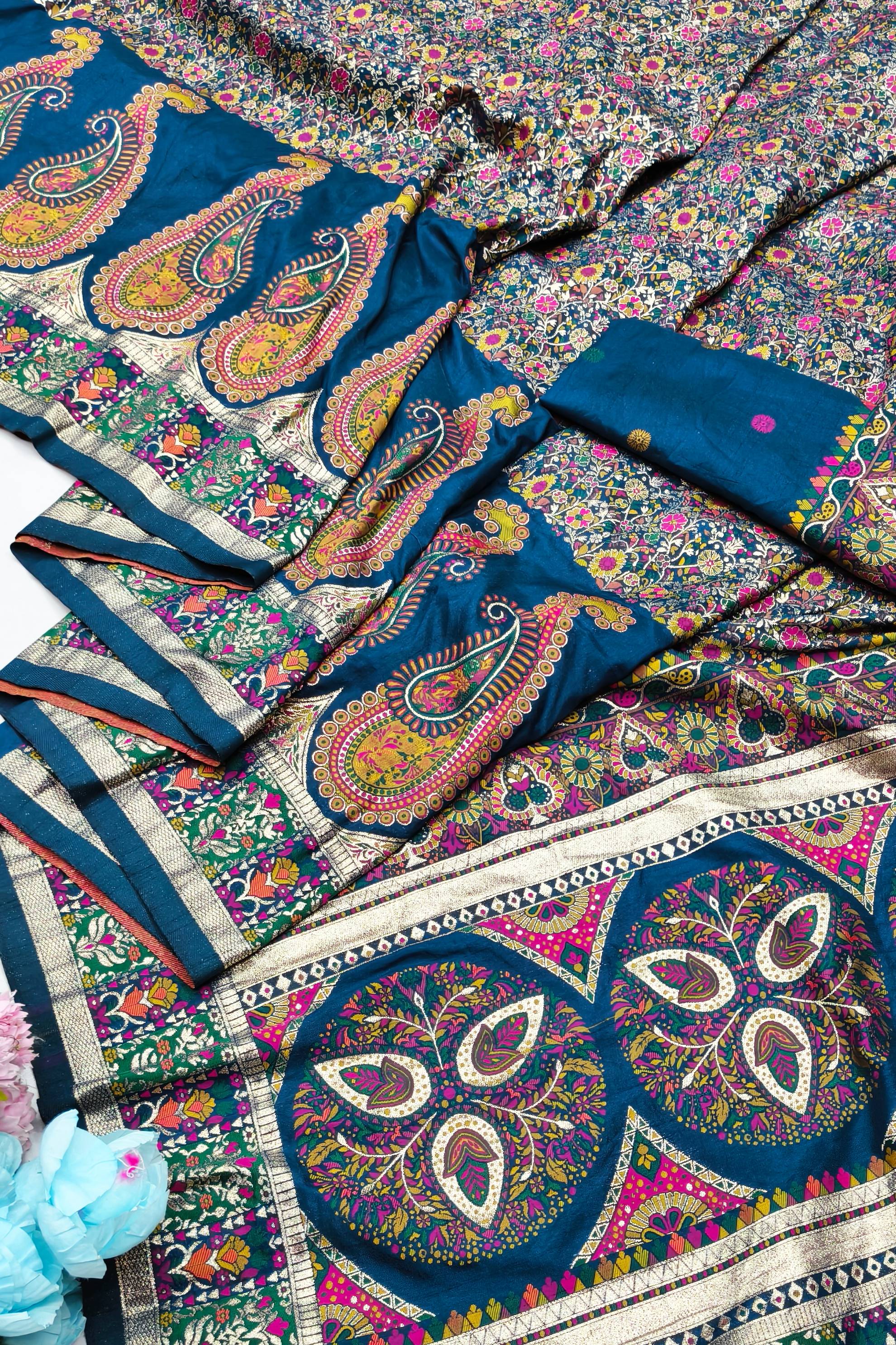 Scrupulous Blue Nylon Dola Pashmina Saree With Trendy Blouse Piece