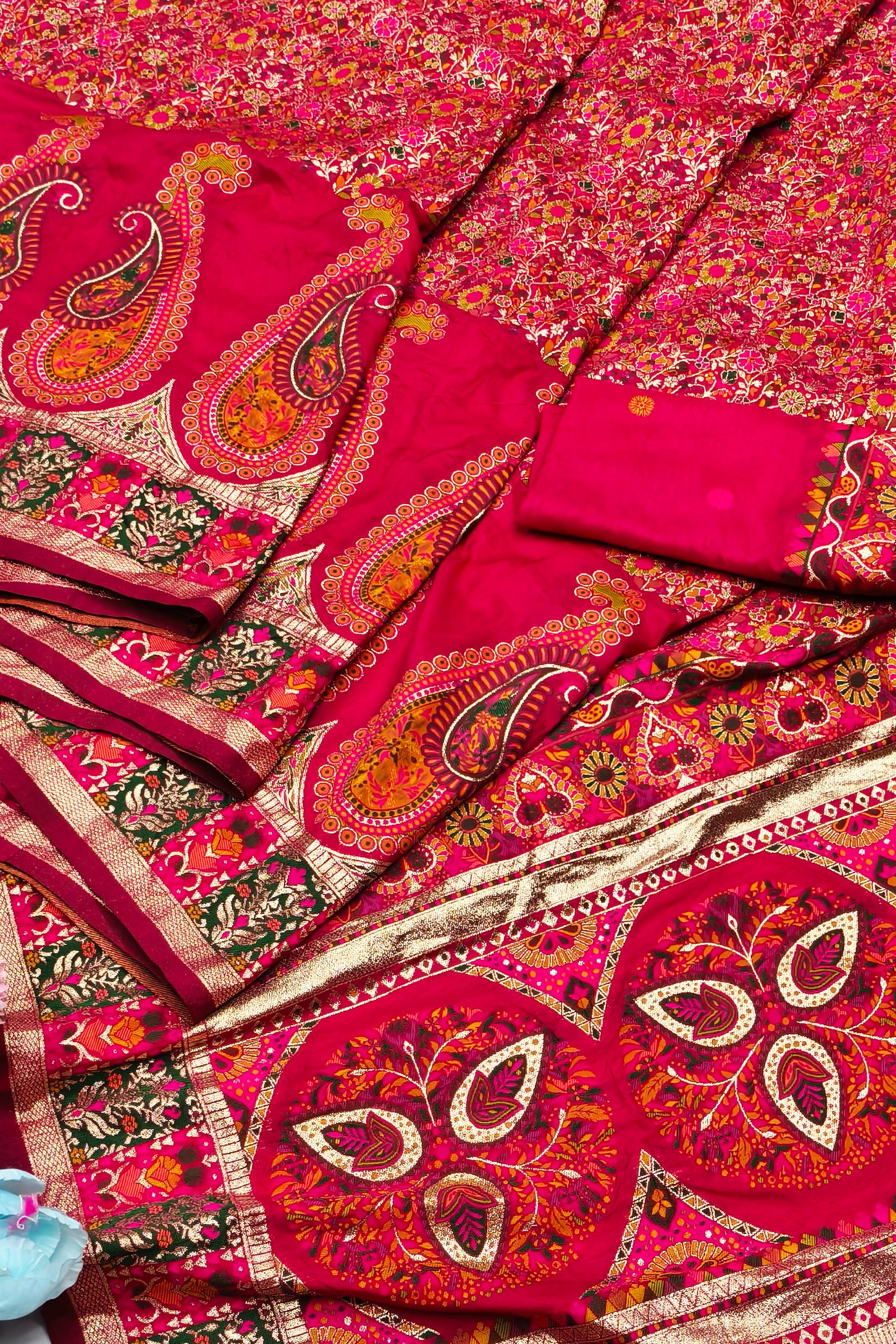 Lassitude Dark Pink Nylon Dola Pashmina Saree With Jazzy Blouse Piece