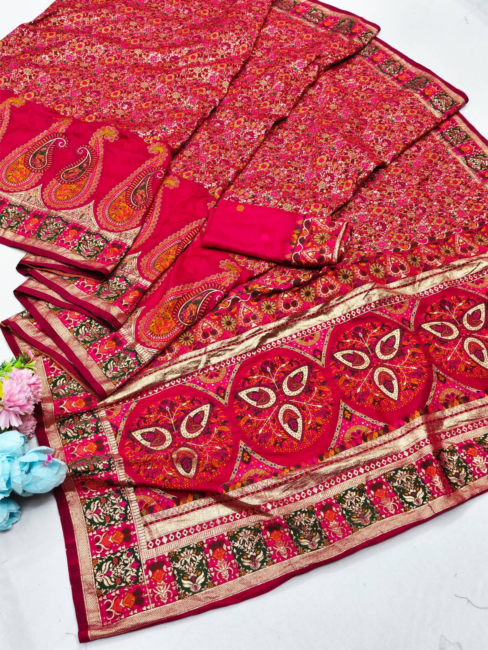 Lassitude Dark Pink Nylon Dola Pashmina Saree With Jazzy Blouse Piece