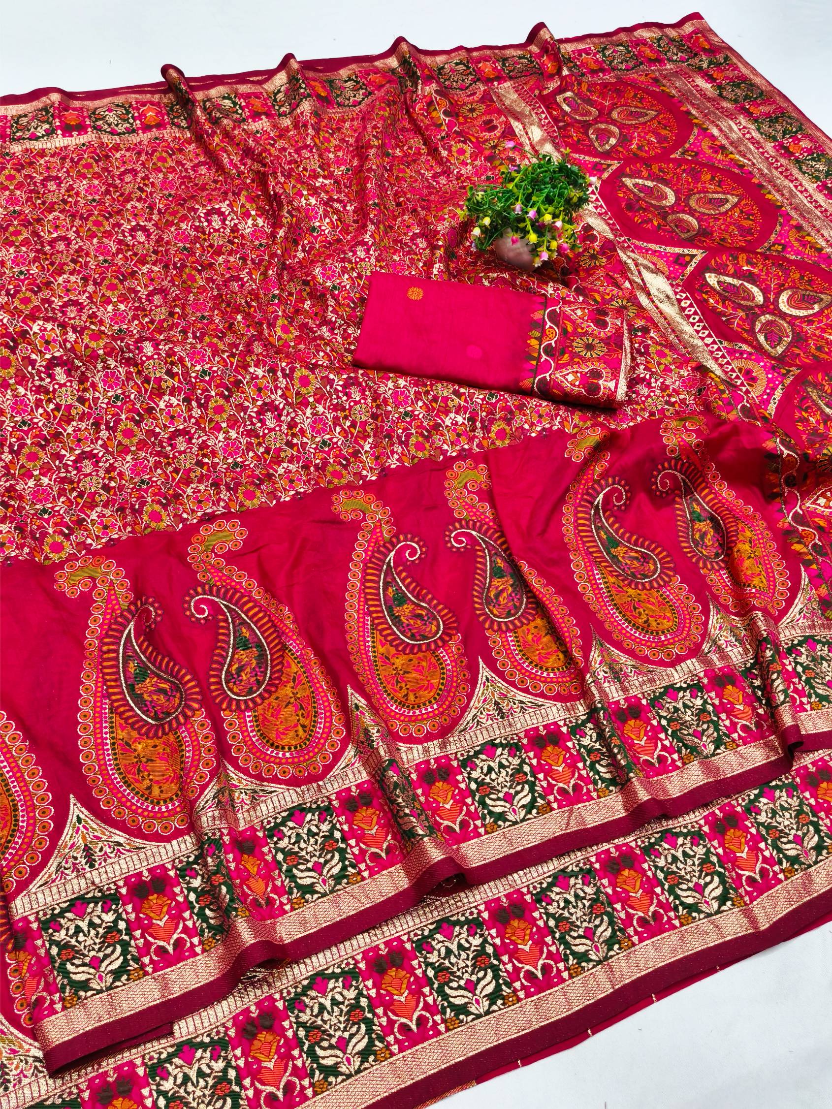 Lassitude Dark Pink Nylon Dola Pashmina Saree With Jazzy Blouse Piece