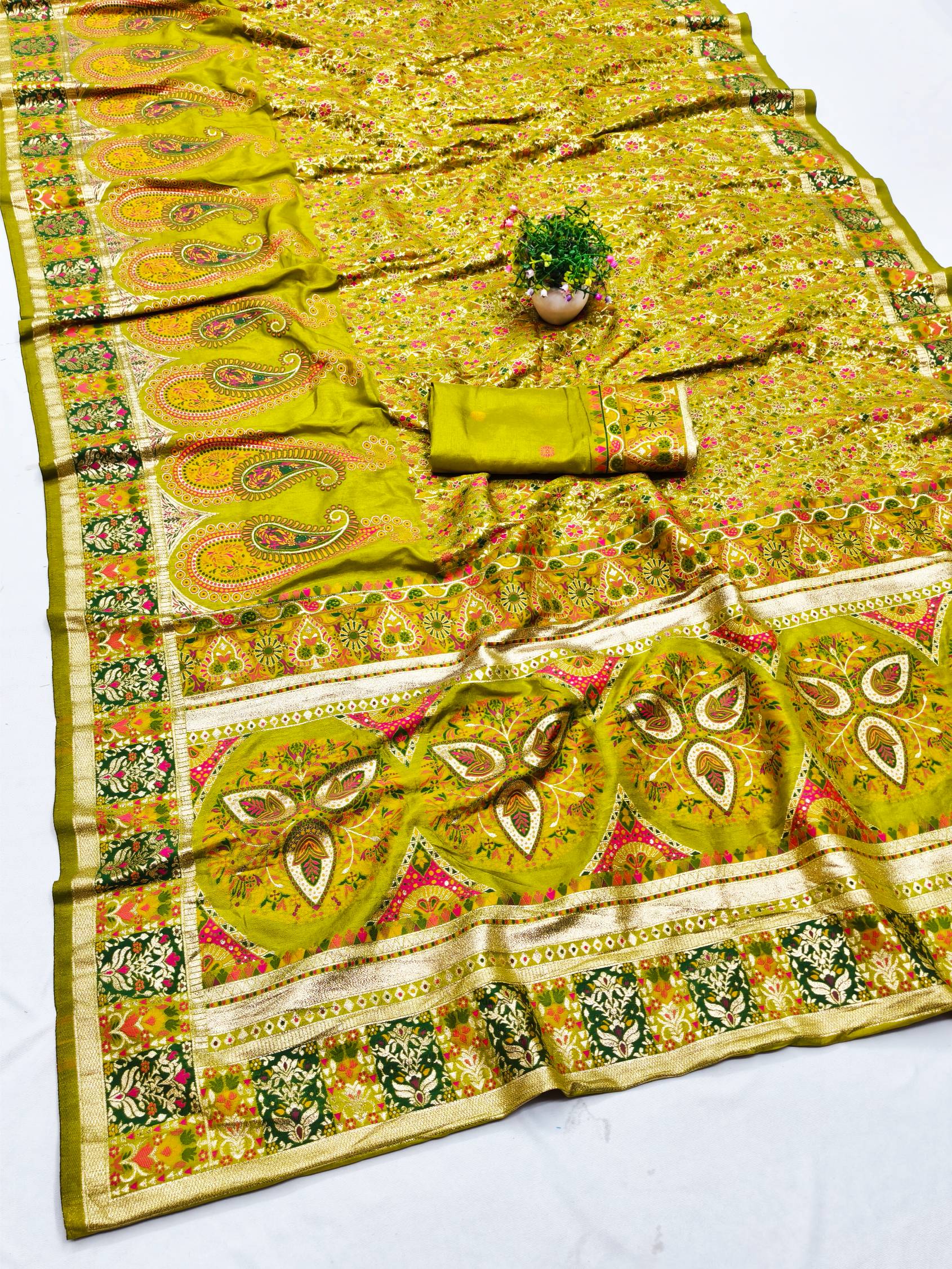 Super extravagant Mehandi Nylon Dola Pashmina Saree With Embrocation Blouse Piece