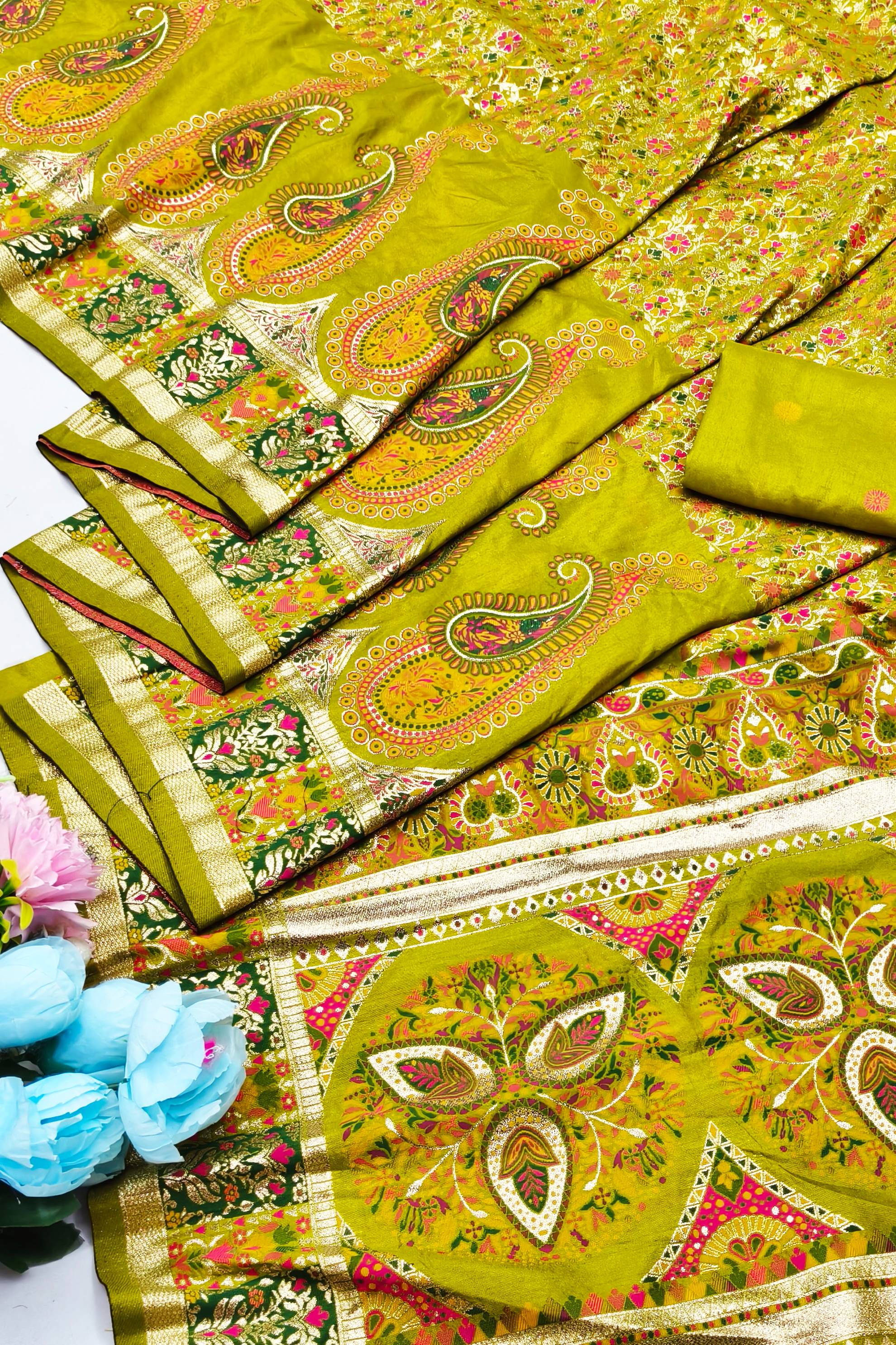 Super extravagant Mehandi Nylon Dola Pashmina Saree With Embrocation Blouse Piece