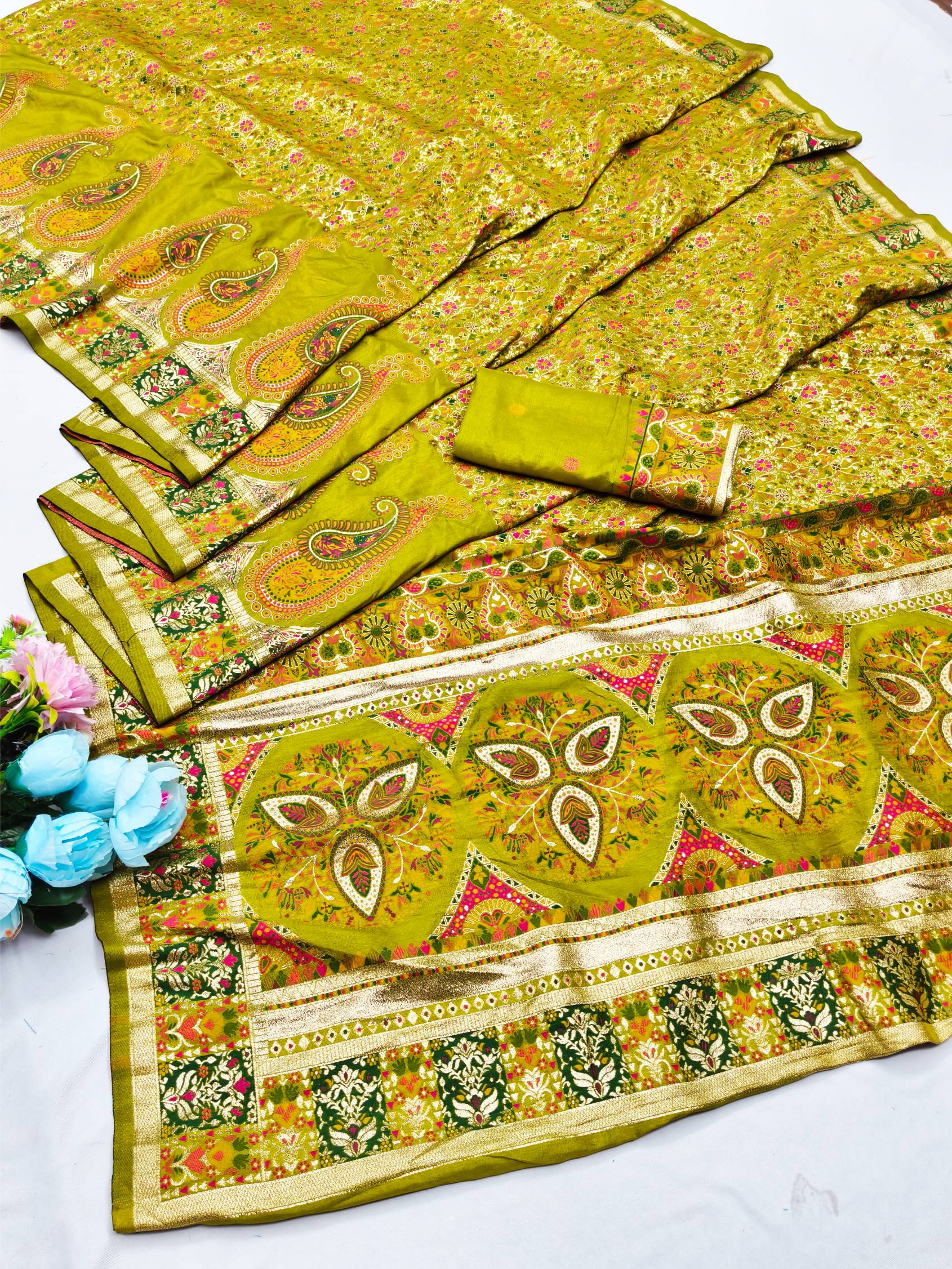 Super extravagant Mehandi Nylon Dola Pashmina Saree With Embrocation Blouse Piece