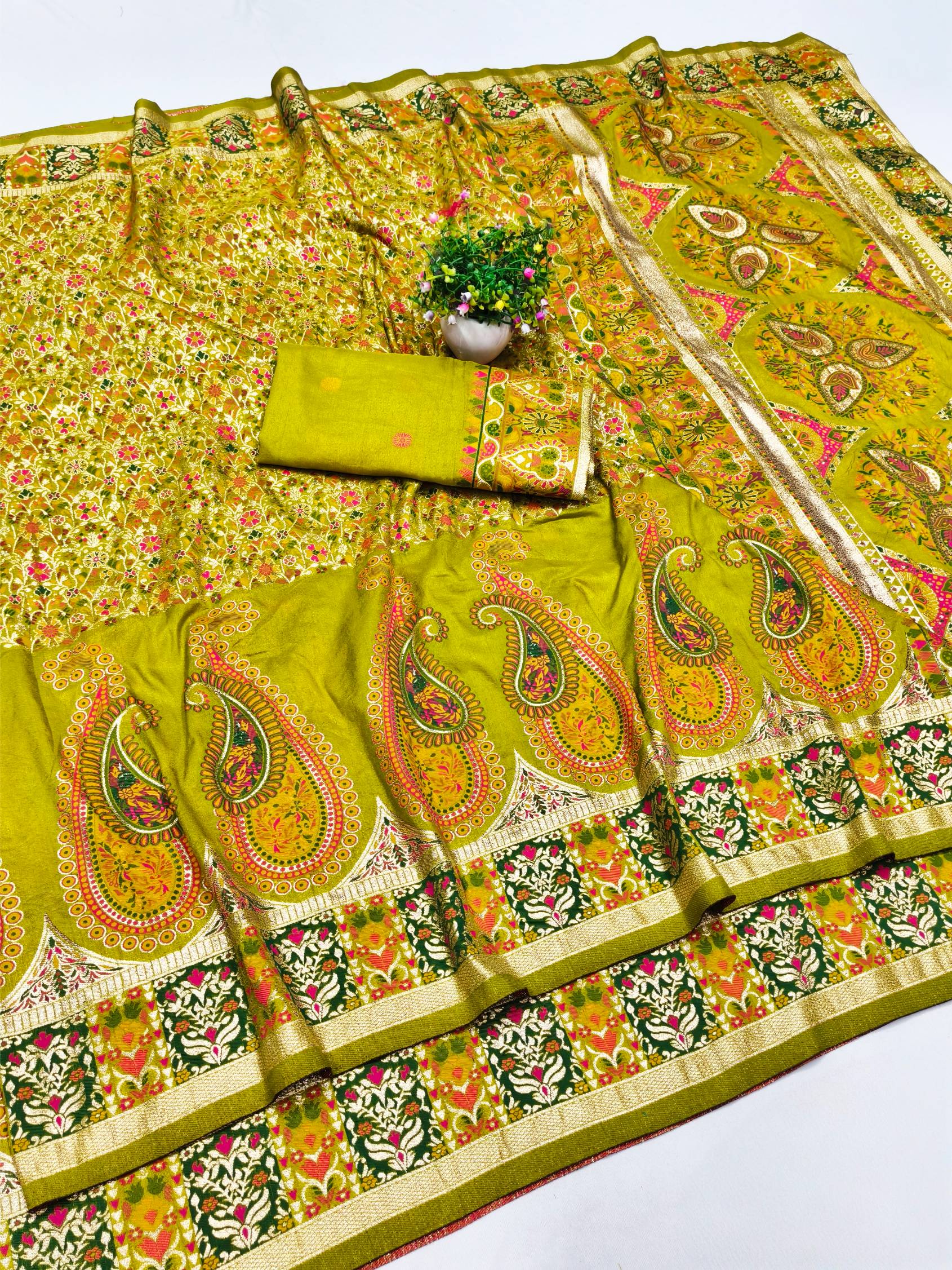 Super extravagant Mehandi Nylon Dola Pashmina Saree With Embrocation Blouse Piece