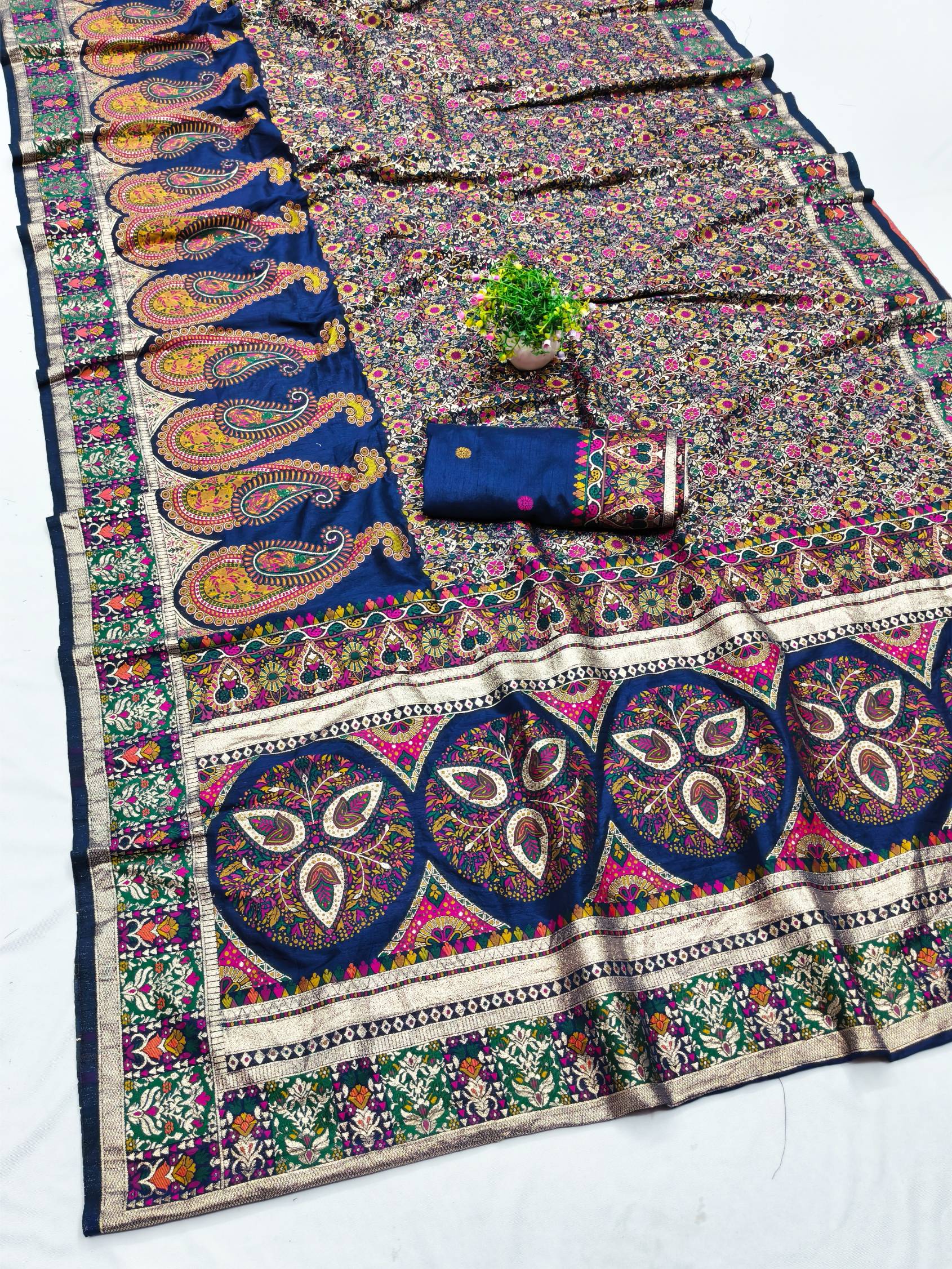 Eclat Navy Blue Nylon Dola Pashmina Saree With Aplomb Blouse Piece