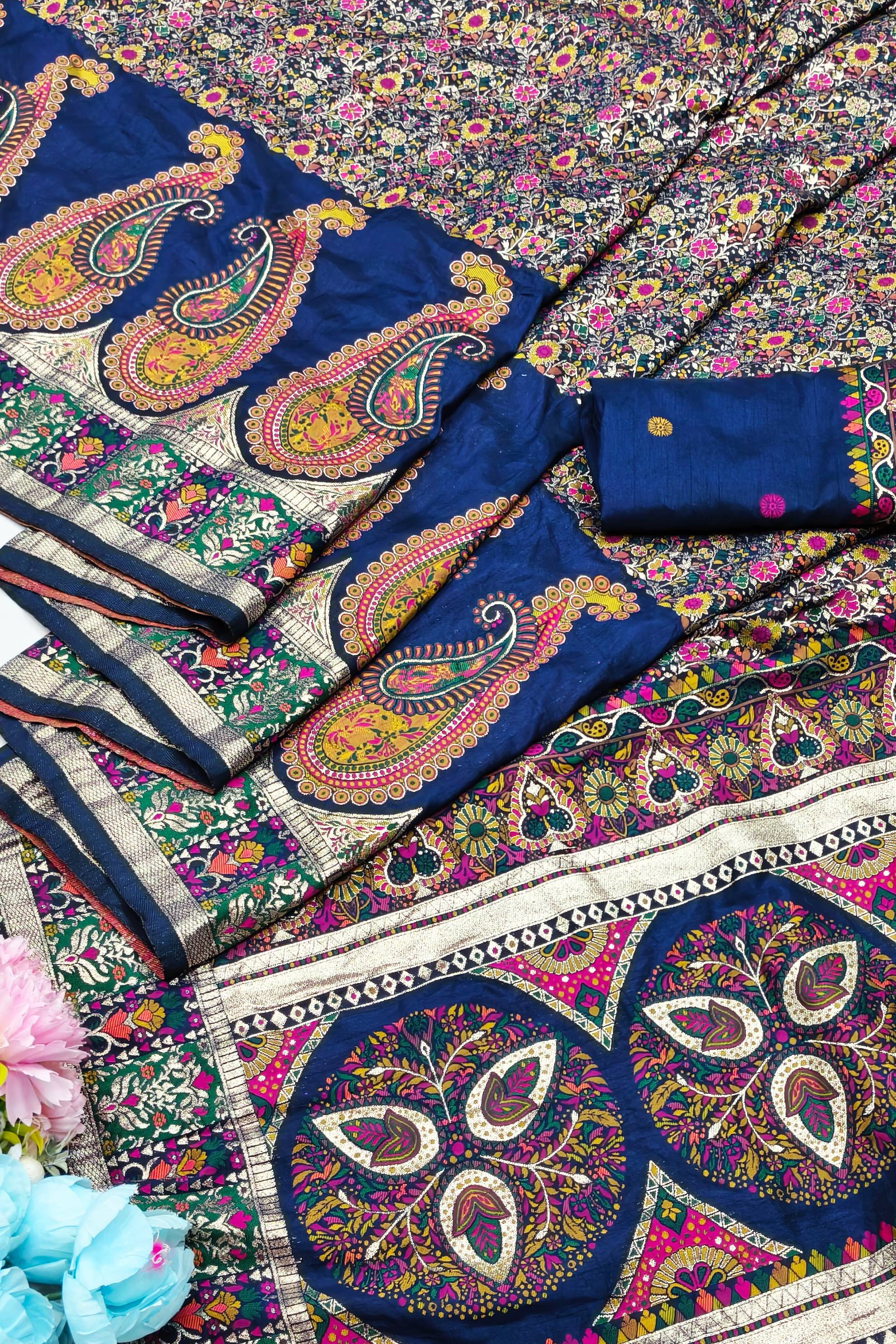 Eclat Navy Blue Nylon Dola Pashmina Saree With Aplomb Blouse Piece