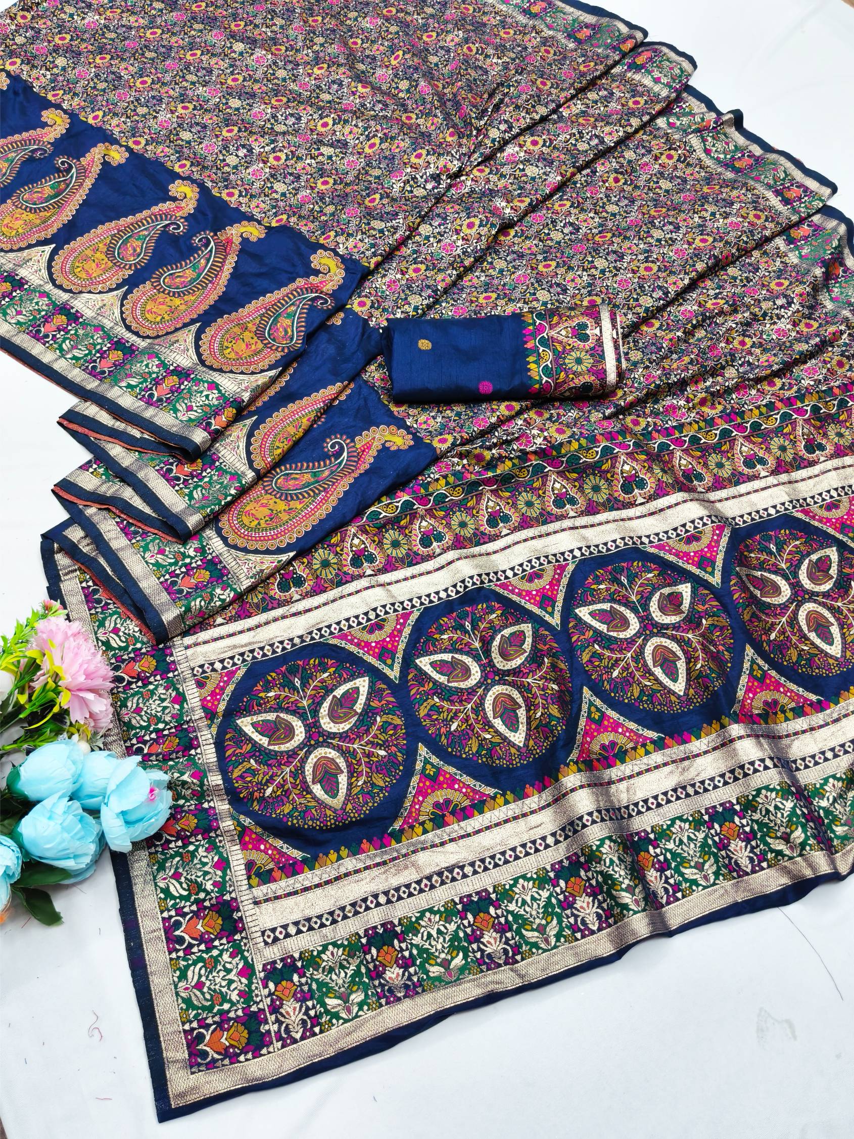 Eclat Navy Blue Nylon Dola Pashmina Saree With Aplomb Blouse Piece