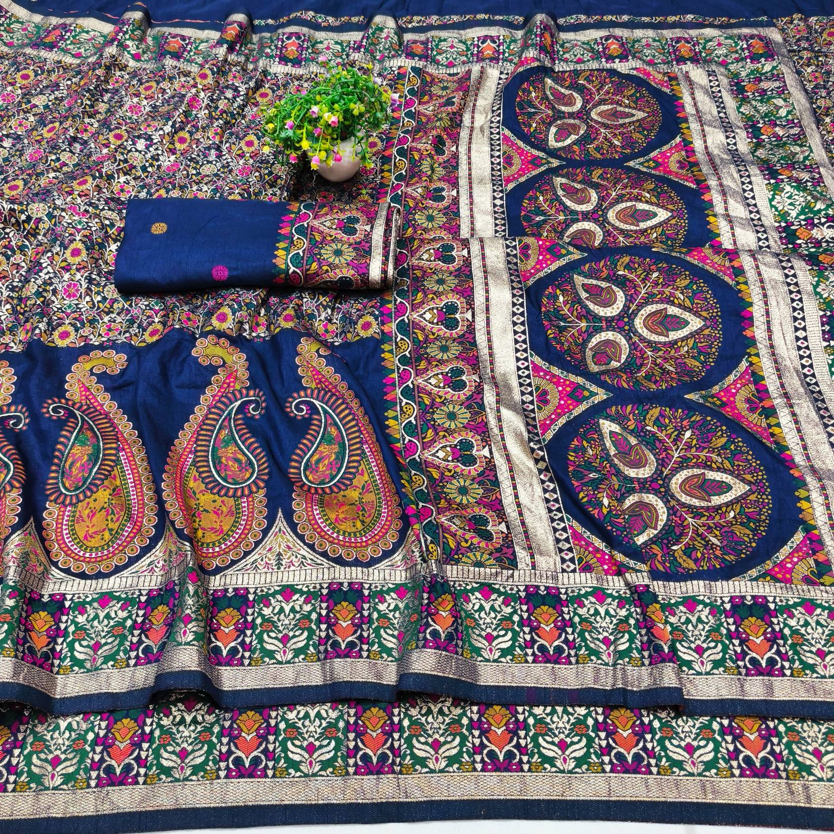 Eclat Navy Blue Nylon Dola Pashmina Saree With Aplomb Blouse Piece