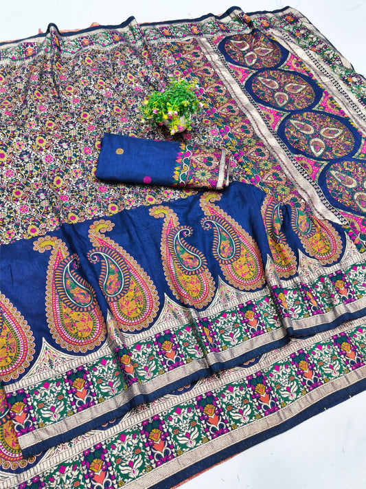 Eclat Navy Blue Nylon Dola Pashmina Saree With Aplomb Blouse Piece