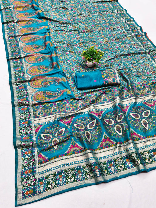 Enthralling Rama Nylon Dola Pashmina Saree With Gleaming Blouse Piece