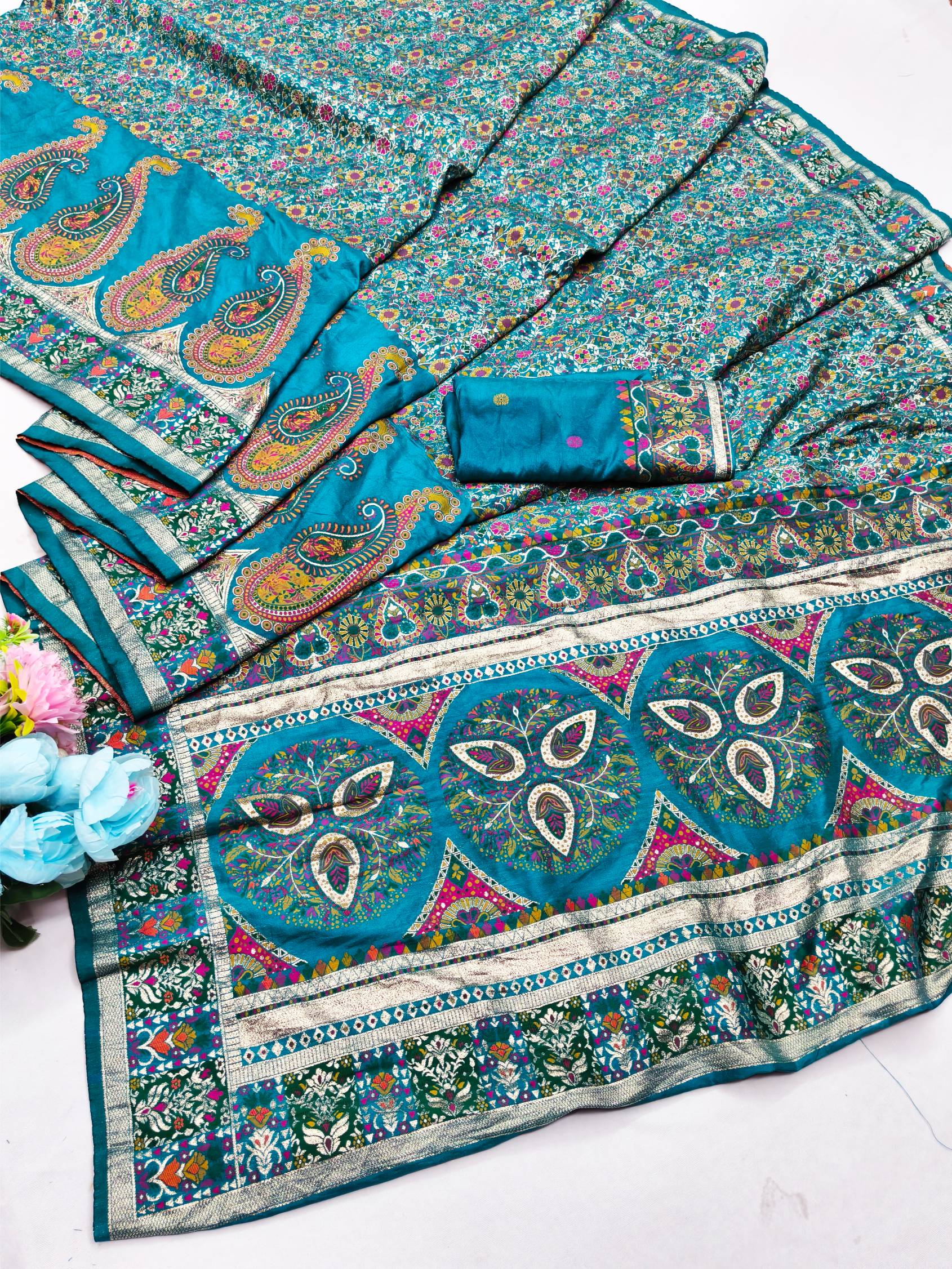 Enthralling Rama Nylon Dola Pashmina Saree With Gleaming Blouse Piece