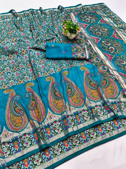 Enthralling Rama Nylon Dola Pashmina Saree With Gleaming Blouse Piece