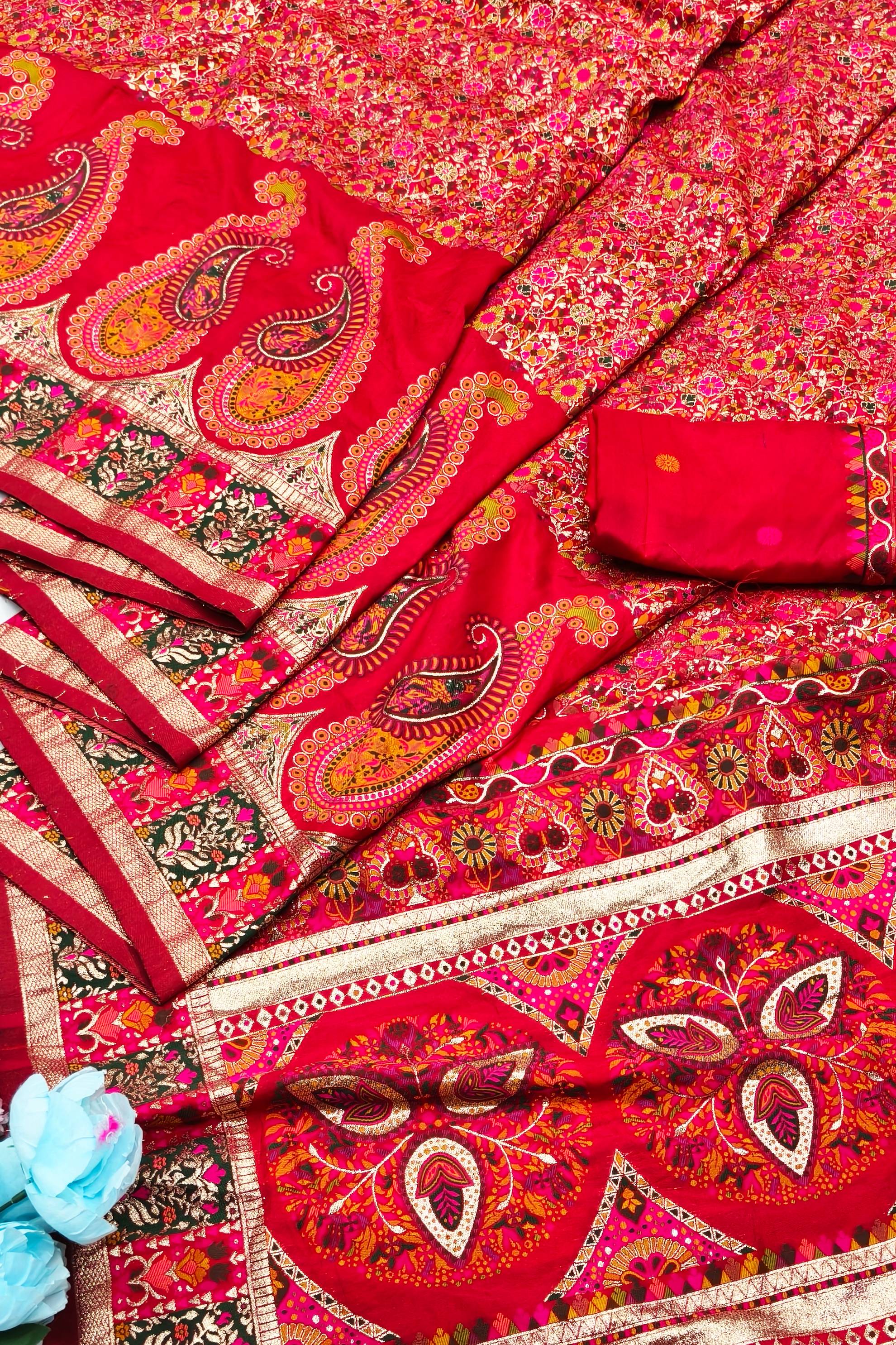 Serendipity Red Nylon Dola Pashmina Saree With Beguiling Blouse Piece