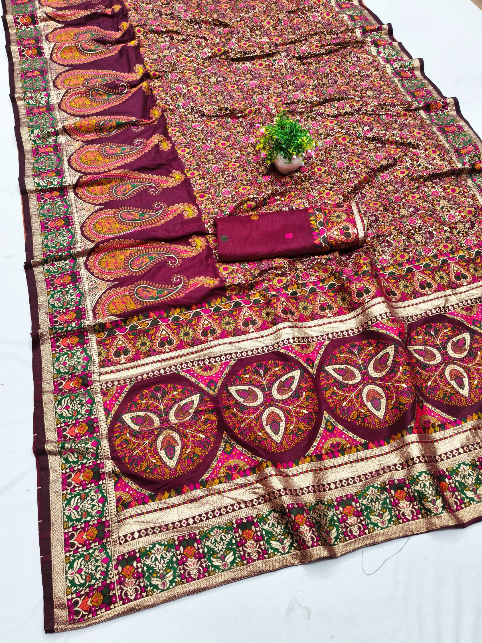 Panache Wine Nylon Dola Pashmina Saree With Winsome Blouse Piece