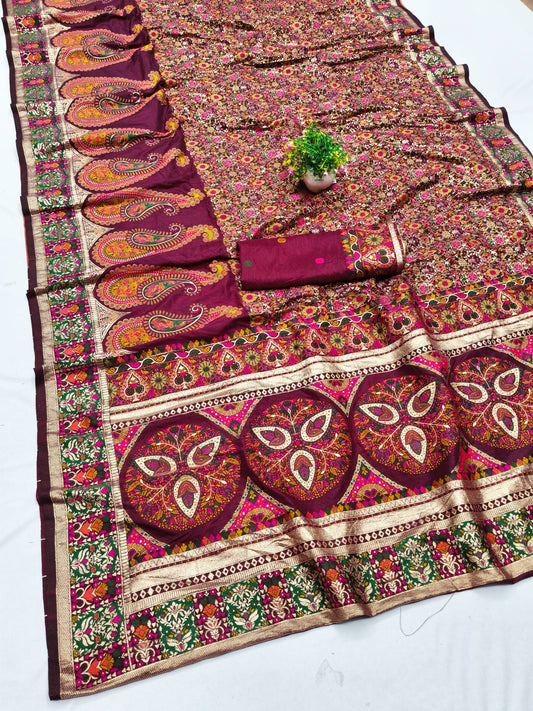 Panache Wine Nylon Dola Pashmina Saree With Winsome Blouse Piece