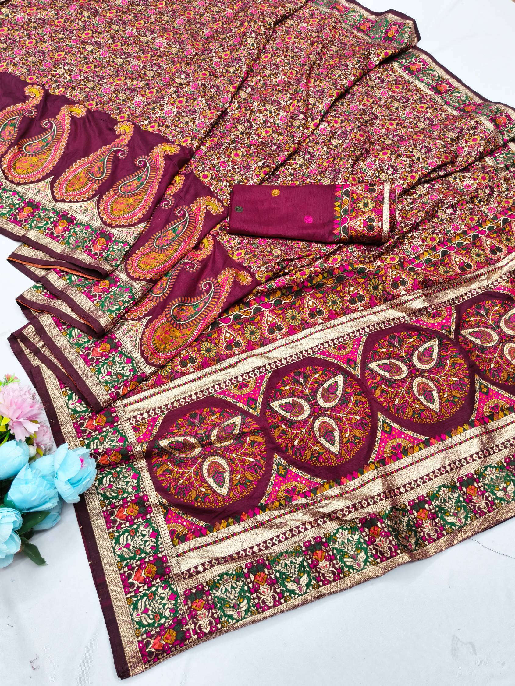 Panache Wine Nylon Dola Pashmina Saree With Winsome Blouse Piece