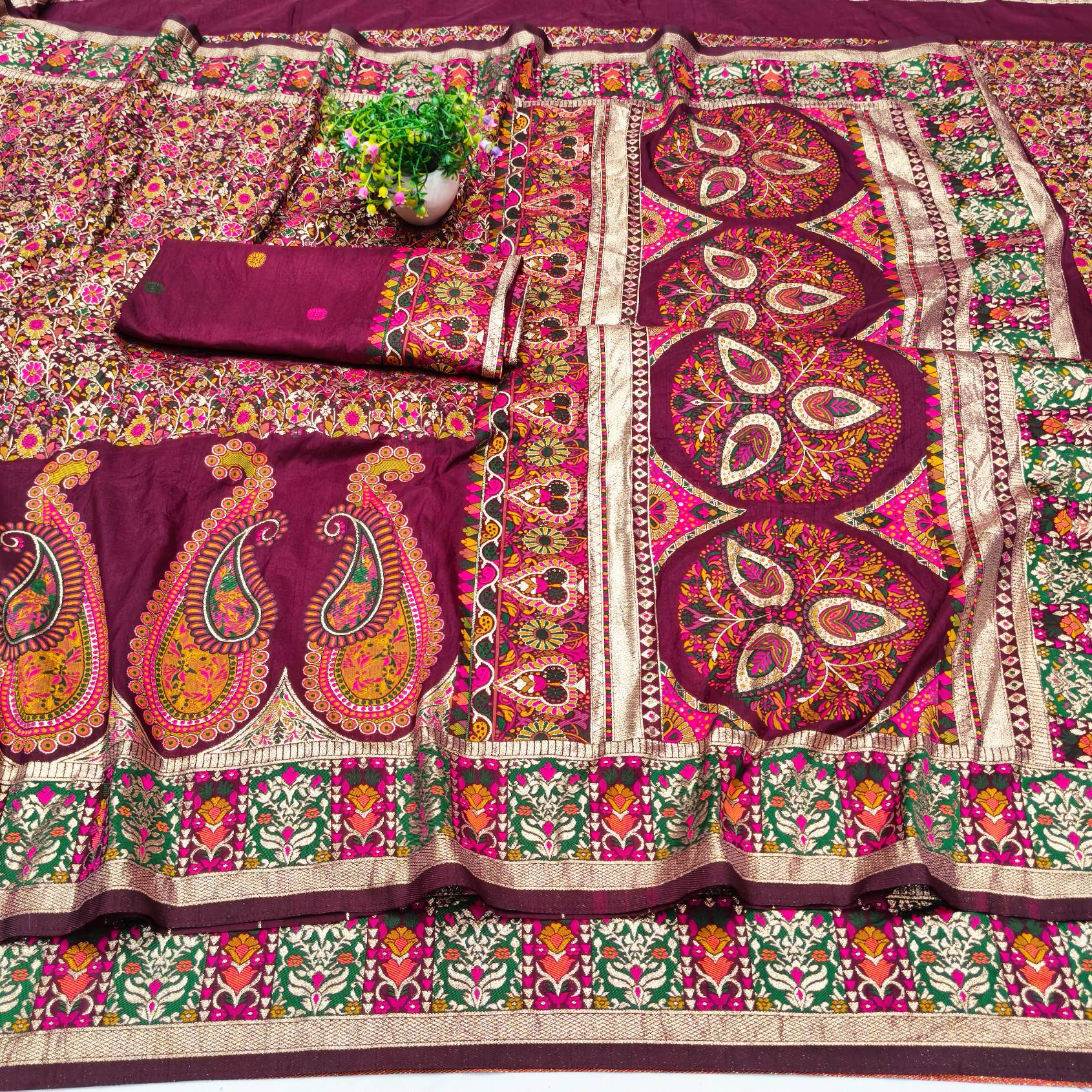 Panache Wine Nylon Dola Pashmina Saree With Winsome Blouse Piece