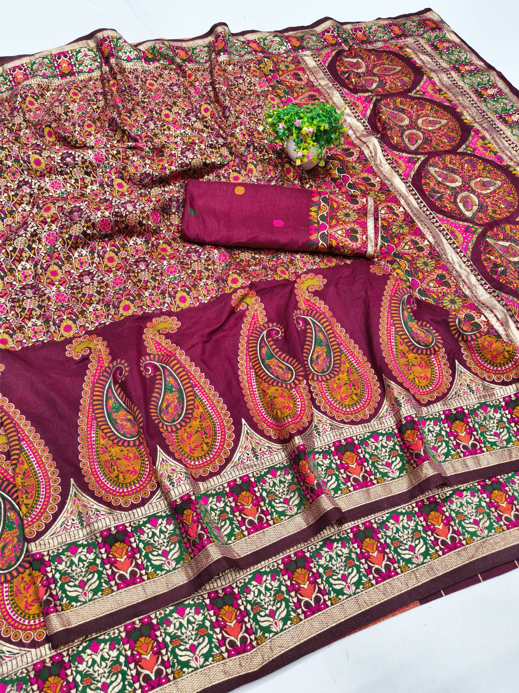 Panache Wine Nylon Dola Pashmina Saree With Winsome Blouse Piece