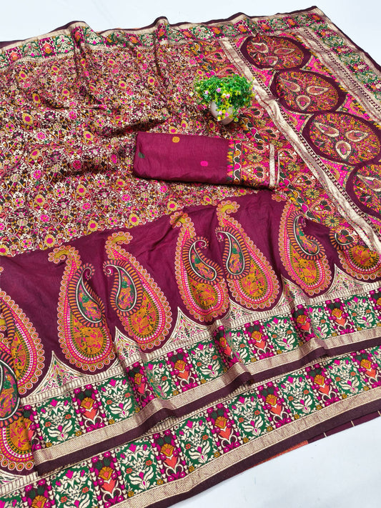 Panache Wine Nylon Dola Pashmina Saree With Winsome Blouse Piece