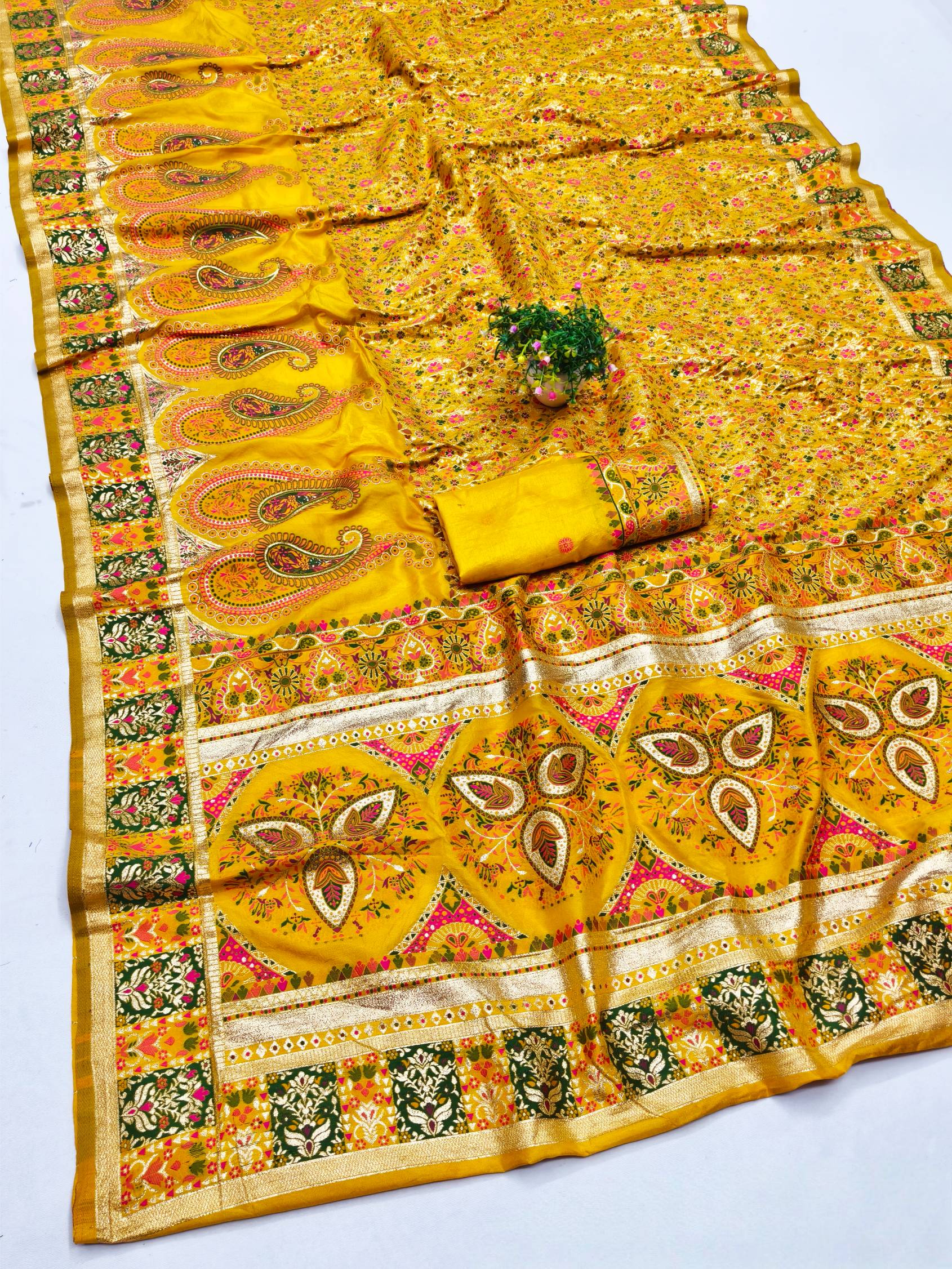 Effulgent Yellow Nylon Dola Pashmina Saree With Allure Blouse Piece
