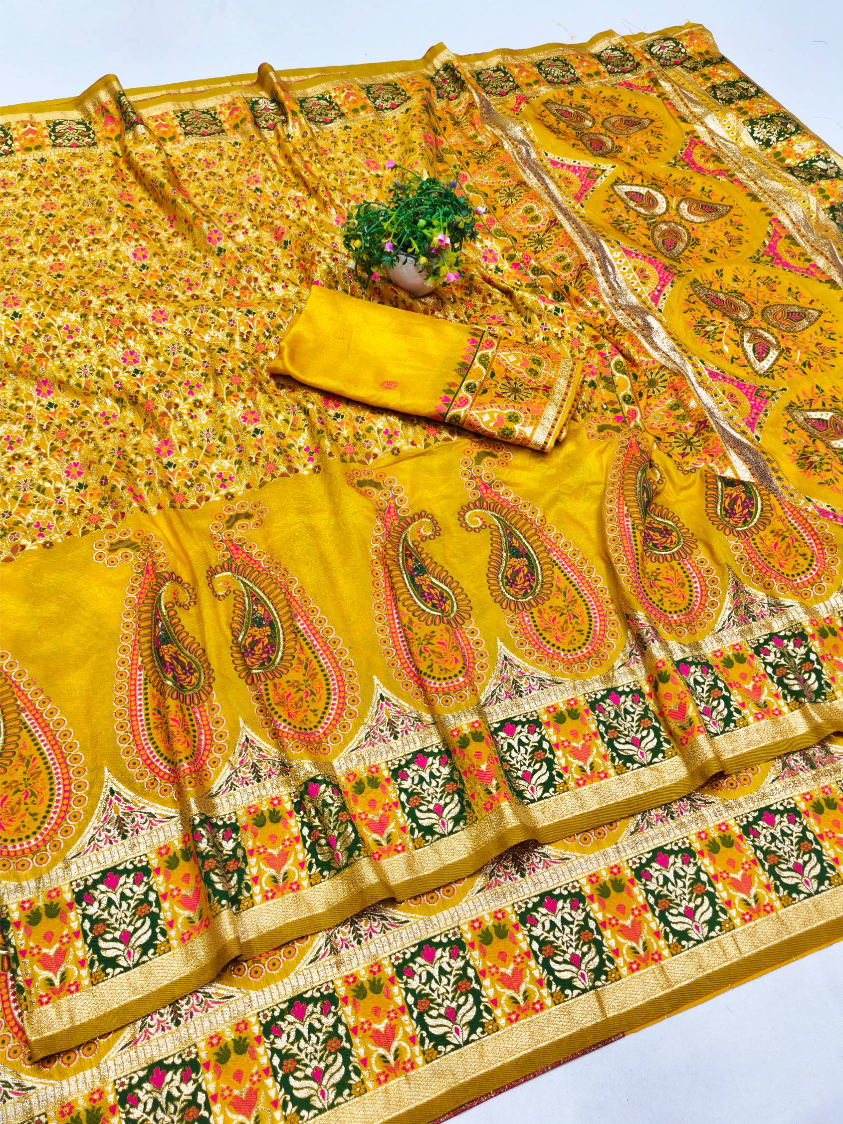 Effulgent Yellow Nylon Dola Pashmina Saree With Allure Blouse Piece