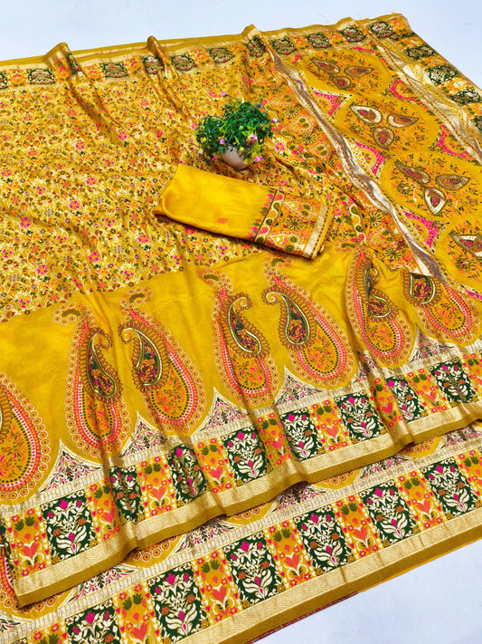 Effulgent Yellow Nylon Dola Pashmina Saree With Allure Blouse Piece