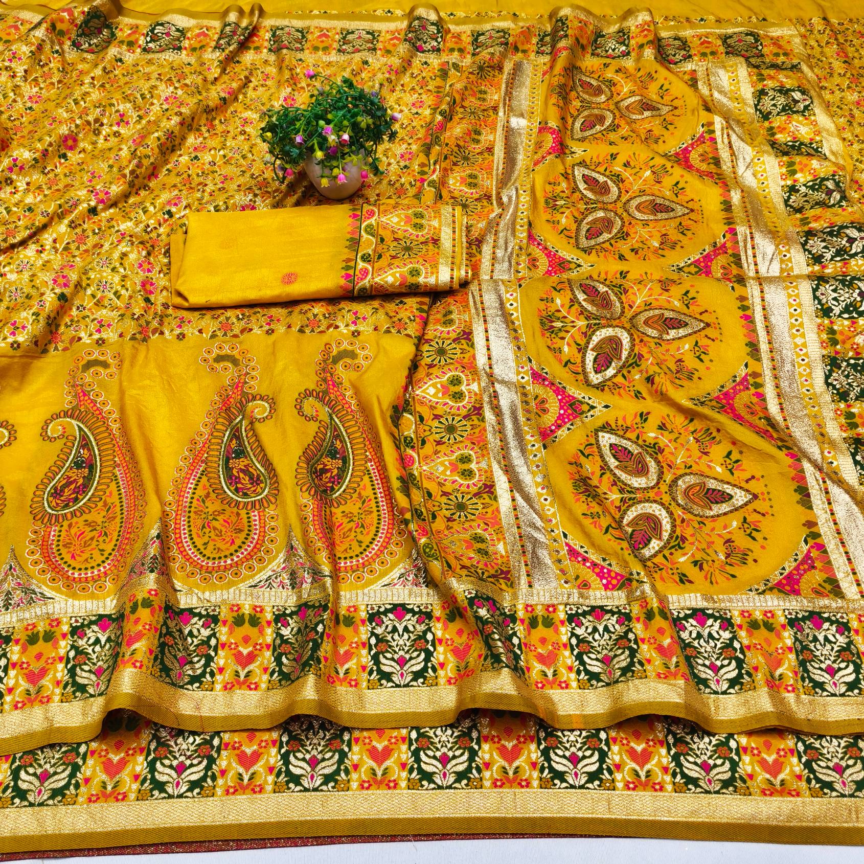 Effulgent Yellow Nylon Dola Pashmina Saree With Allure Blouse Piece
