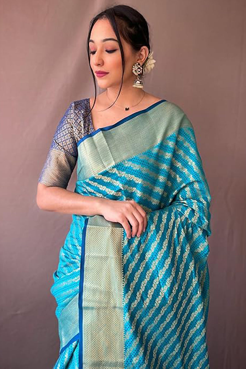 Embellished Firozi Soft Banarasi Silk Saree With Delectable Blouse Piece