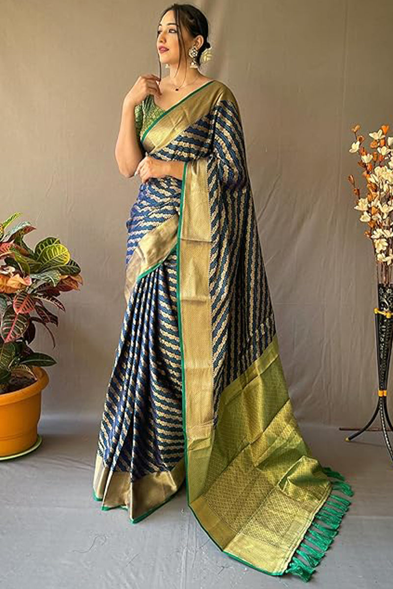 Mesmeric Navy Blue Soft Banarasi Silk Saree With Enigmatic Blouse Piece