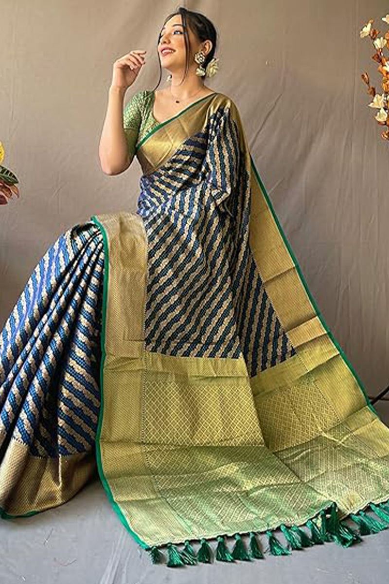 Mesmeric Navy Blue Soft Banarasi Silk Saree With Enigmatic Blouse Piece