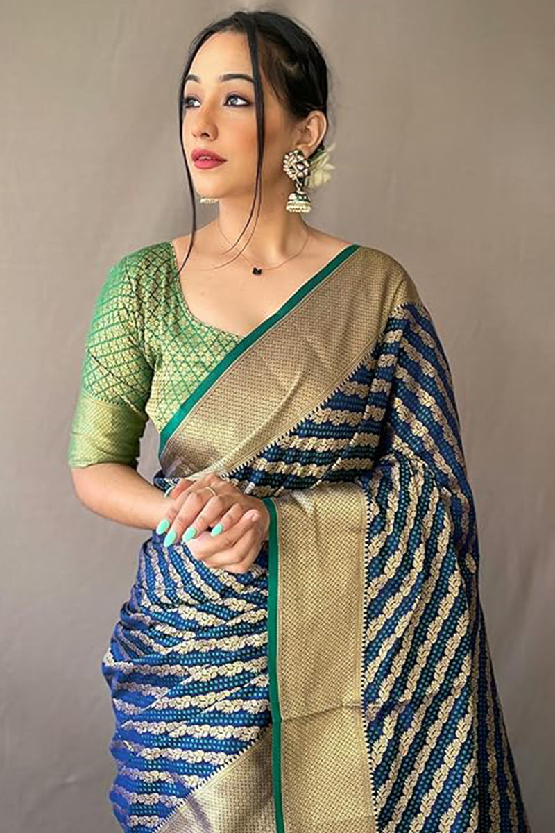 Mesmeric Navy Blue Soft Banarasi Silk Saree With Enigmatic Blouse Piece