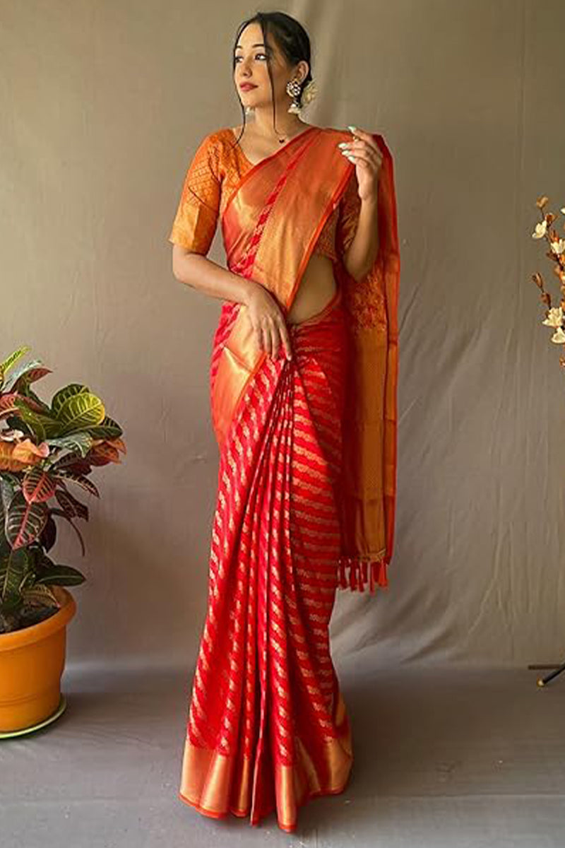 Beauteous Red Soft Banarasi Silk Saree With Intricate Blouse Piece