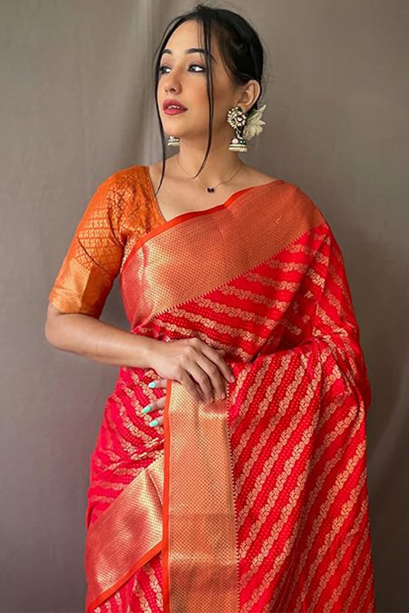 Beauteous Red Soft Banarasi Silk Saree With Intricate Blouse Piece
