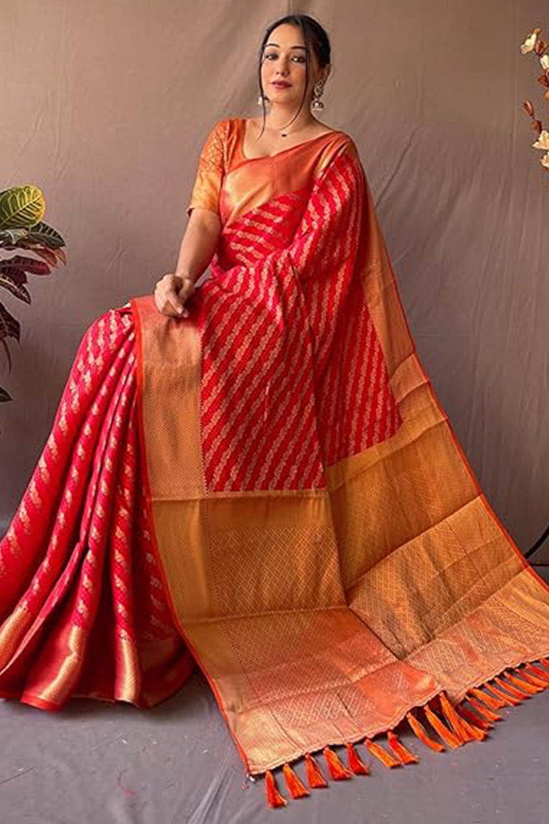 Beauteous Red Soft Banarasi Silk Saree With Intricate Blouse Piece