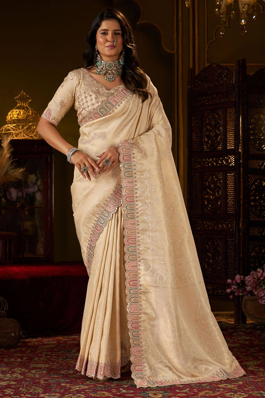 Susurrous Beige Handwork Kanjivaram Silk Saree With Scintillating Blouse Piece