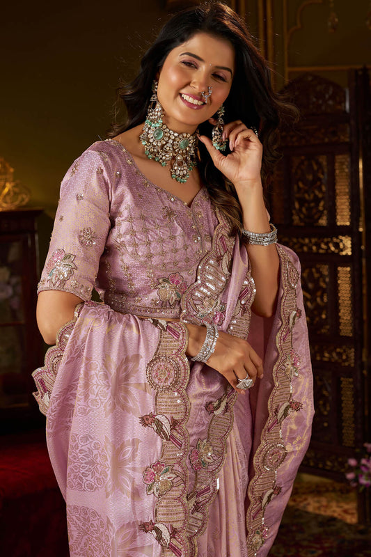 Winsome Lavender Handwork Kanjivaram Silk Saree With Elaborate Blouse Piece
