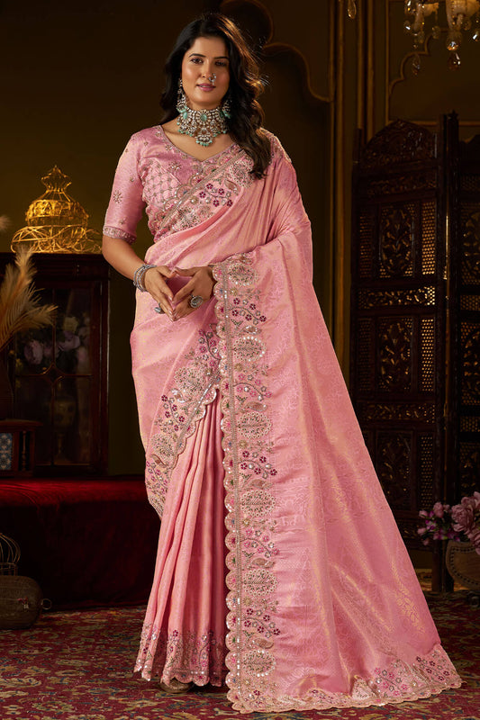 Eloquence Pink Handwork Kanjivaram Silk Saree With Magnetic Blouse Piece