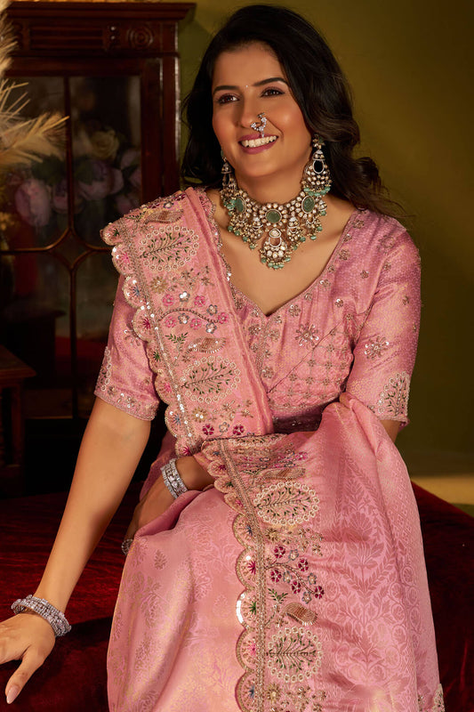 Eloquence Pink Handwork Kanjivaram Silk Saree With Magnetic Blouse Piece