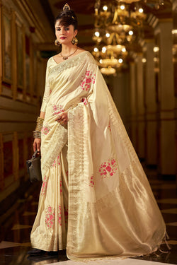 Lassitude Beige Pure Zari Weaving Banarasi Silk Saree With Adorable Blouse Piece