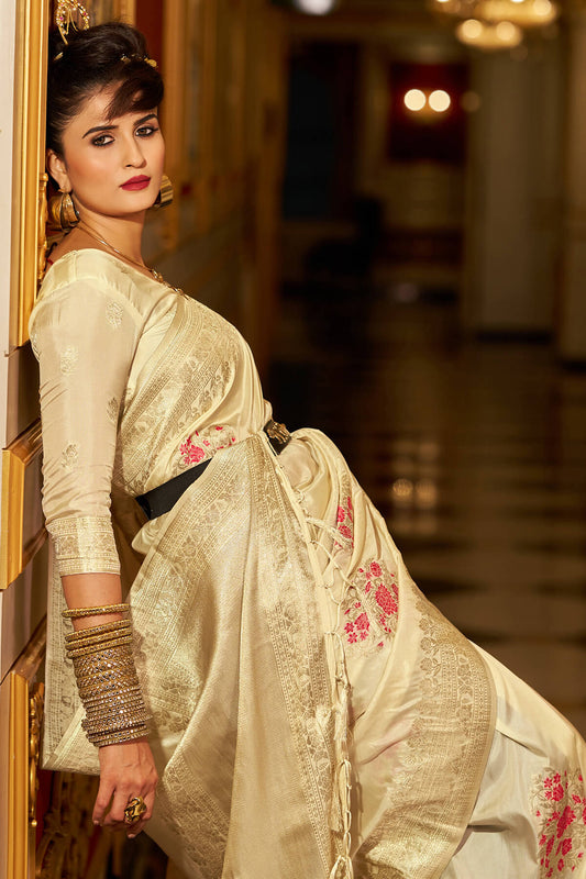 Lassitude Beige Pure Zari Weaving Banarasi Silk Saree With Adorable Blouse Piece