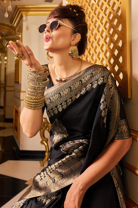 Vivacious Black Pure Zari Weaving Banarasi Silk Saree With Petrichor Blouse Piece