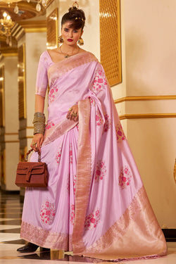 Beguiling Lavender Pure Zari Weaving Banarasi Silk Saree With Efflorescence Blouse Piece