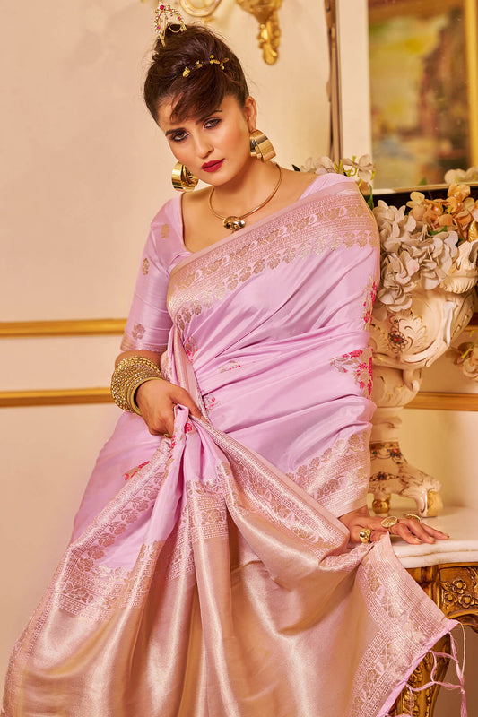 Beguiling Lavender Pure Zari Weaving Banarasi Silk Saree With Efflorescence Blouse Piece